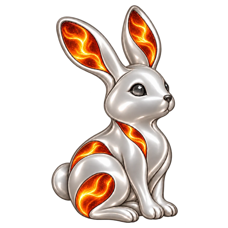 Fire Rabbit, a sculpture with a silver body and elemental inlays.