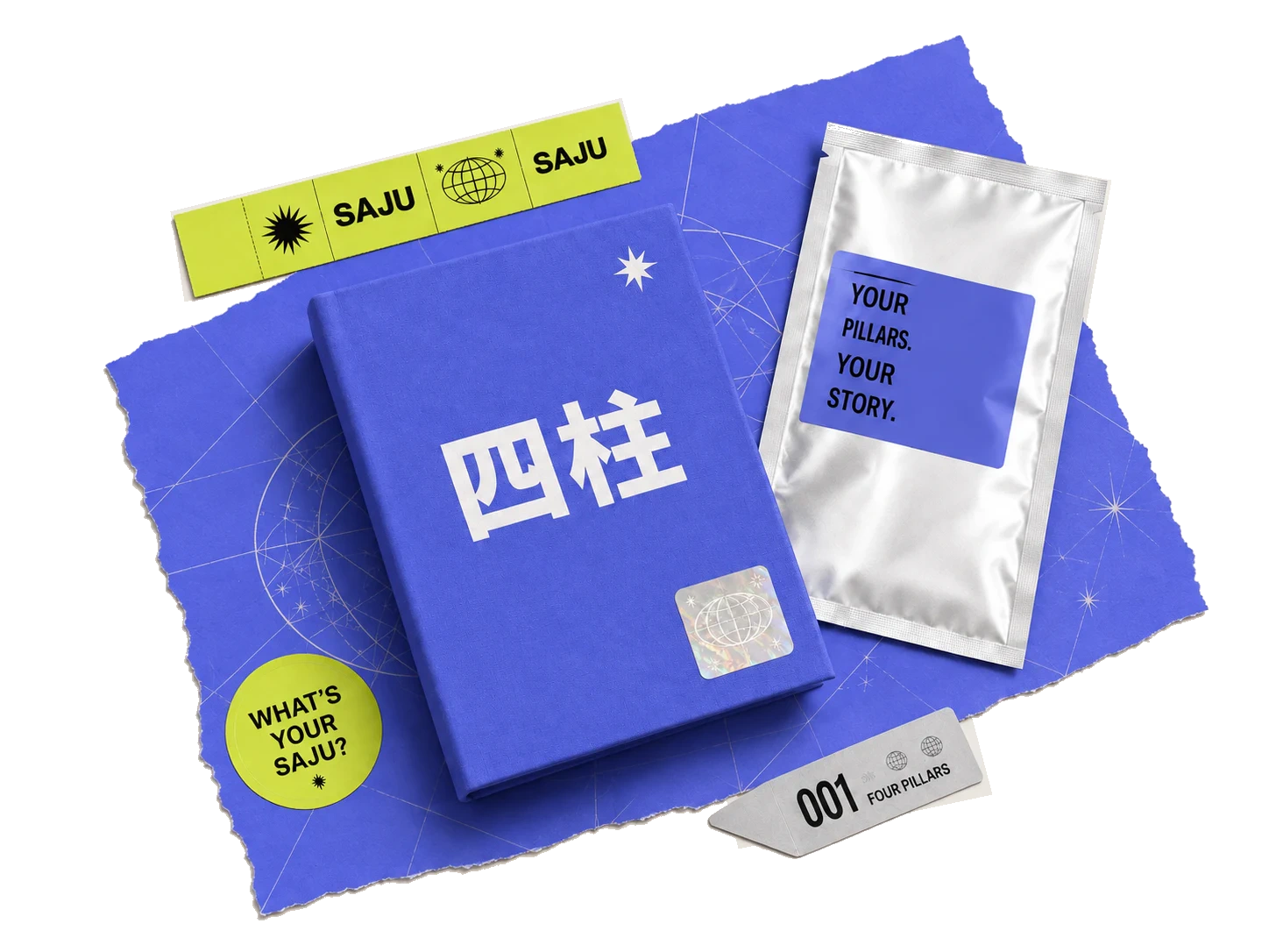 A violet SAJU album, silver foil pack, and lime collectible stickers.